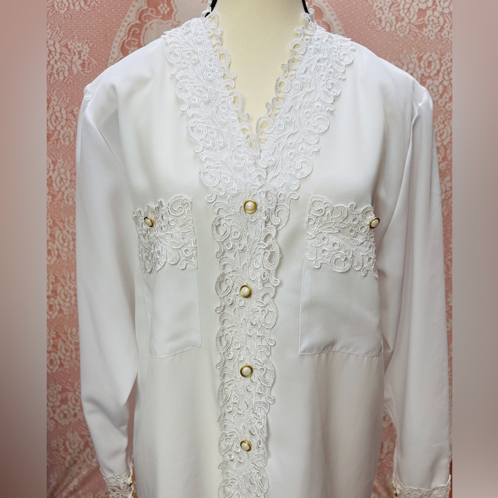 White Lace Trim Button-Up Blouse | Size 38/8-10